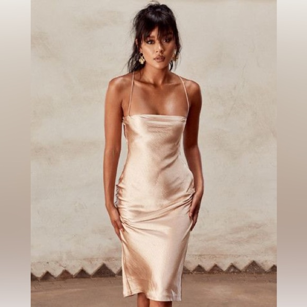 RARE House Of CB 'Alette' Champagne Satin Cowl Back Dress - Picture 3 of 8